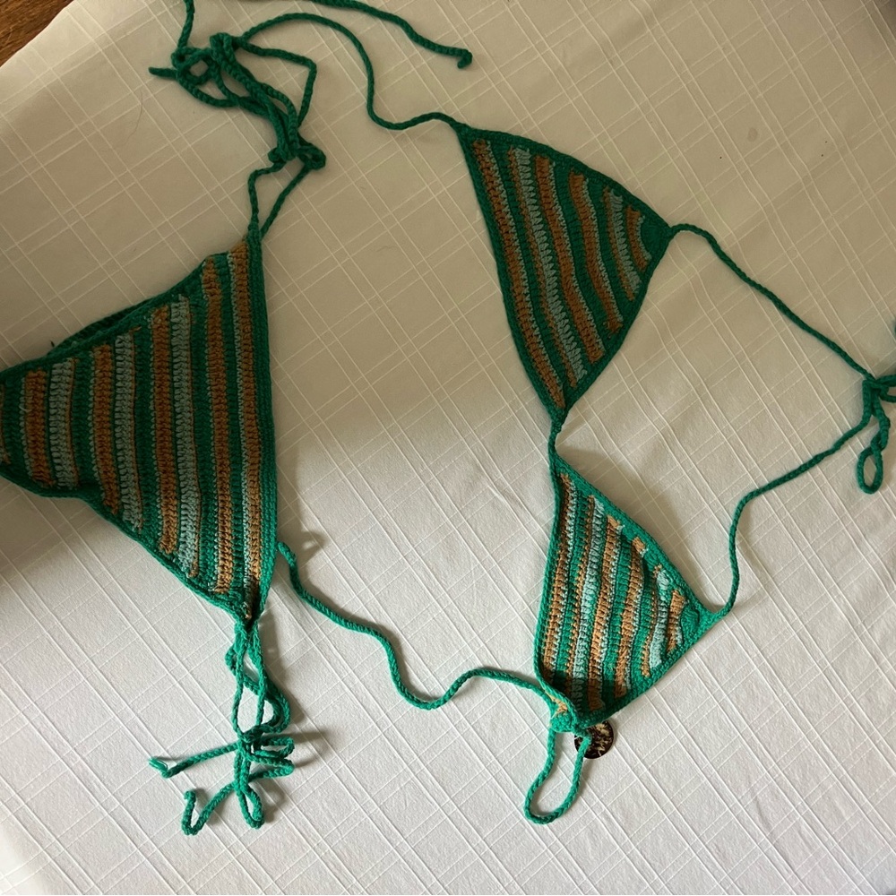Green and Tan Crochet Triangle Bikini Top